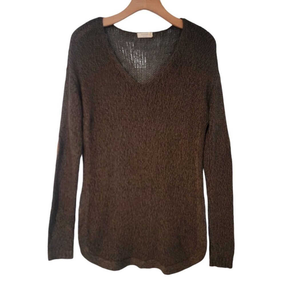 HARPER HERITAGE Sweater Brown Olive Pullover Faux Leather Elbow Patches Women S